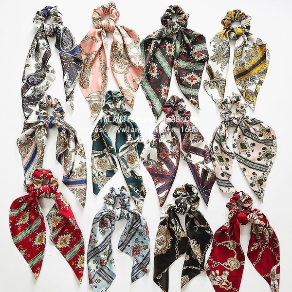 Mode Blommig Printed Scrunchie Elastiskt Hårband För Kvinnor Hår Scarf Rosett Gummirep Beige