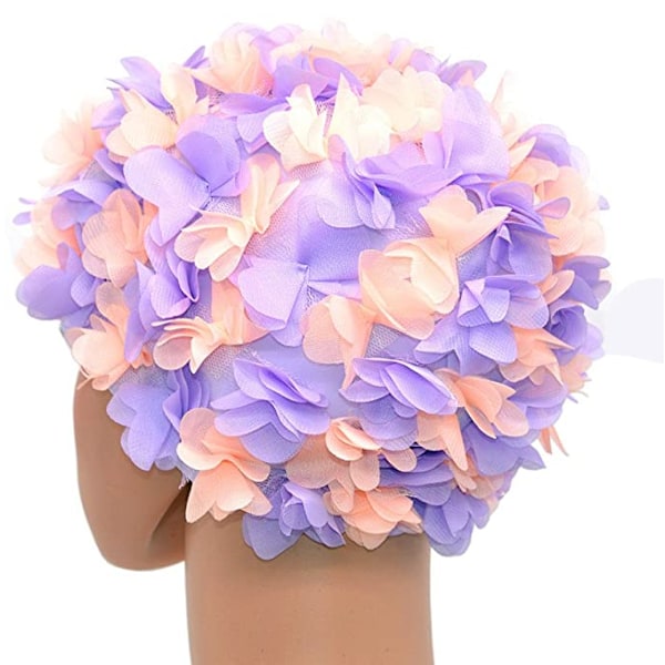 Retrostil badmössa med blommönster för kvinnor, lila och ljusrosa
