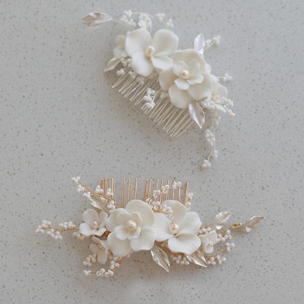Fairy Håndlavet Alloy Blad Rhinestone Ceram Blomst Ferskvandsperler Brude Hårkam Bryllup Hår White