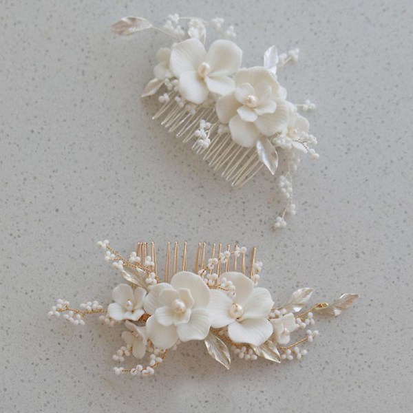 Fairy Handmade Alloy Leaf Rhinestone Ceram Flower Freshwater Pearls Bridal Hair Comb Wedding Hair