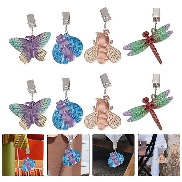 8 st. Dukskyddsvikt i rostfritt stål med insektsdesign, skalformade hängen, vindtäta klämmor i legering, för picknick