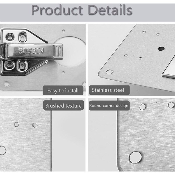 Hålreparationsplatta i rostfritt stål med 4 skruvar, skåpsidoplatta, reparation av skadat hål, verktyg för dörrgångjärn