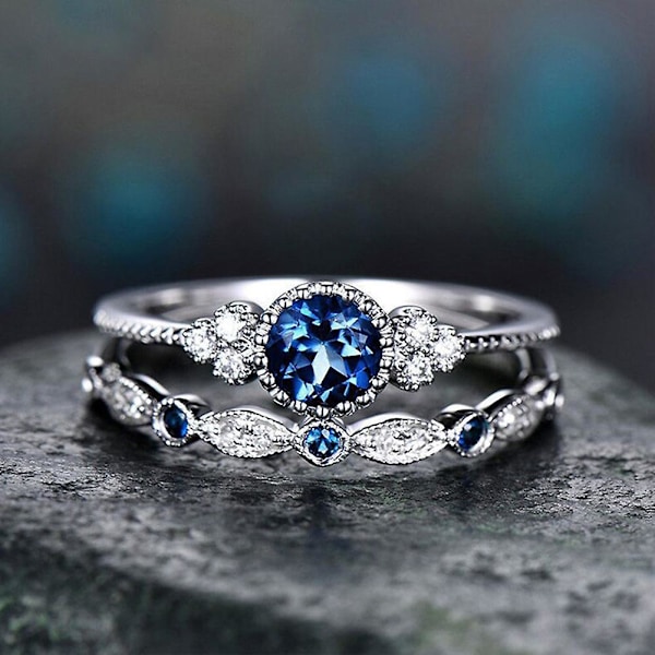 2 stk./sæt Kvinders Runde Cubic Zirconia Indlagte Bryllupsringe Smykker Gave Light Blue US 7