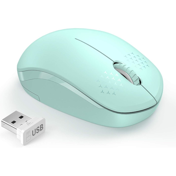 Trådløs mus med 2,4 GHz, lydløs, med USB-modtager, 1600 DPI optisk sensor, til pc, bærbar computer osv., mintgrøn