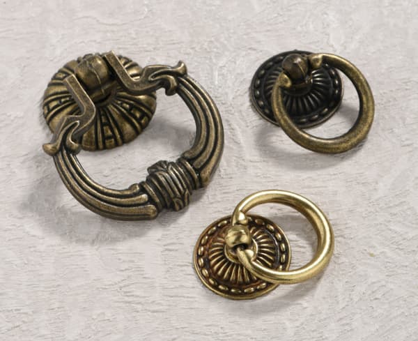 Bronse skuffhåndtak med ring, enkelt hull, 4 stk.