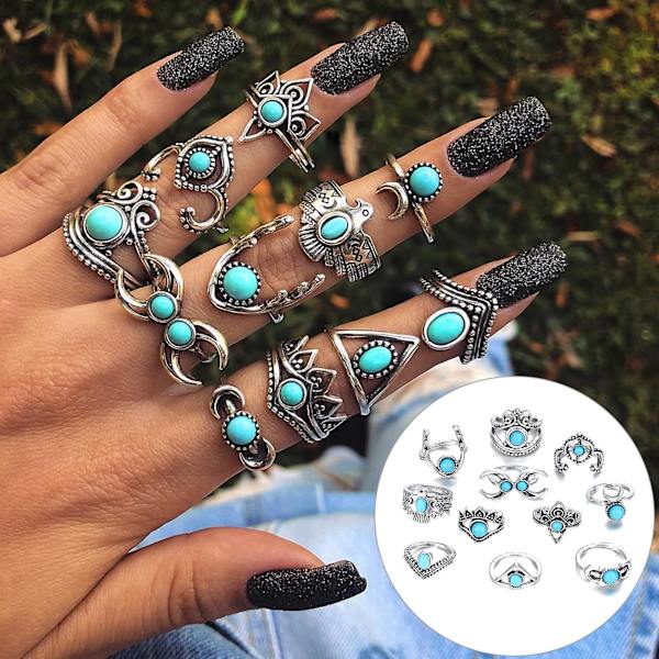 11 st Hollow Feather Stackable Knuckle Rings Etniskt Stil Blommor Faux Gem Finger Rings Smycken Tillbehör