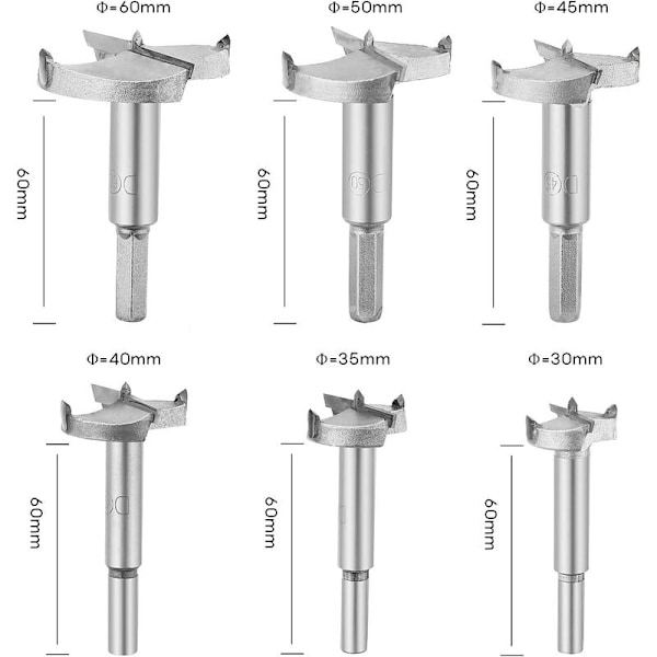 6 stk (30MM+35MM+40MM+45MM+50MM+55MM+60MM) Træbearbejdnings Hulsav til Værktøjsrum
