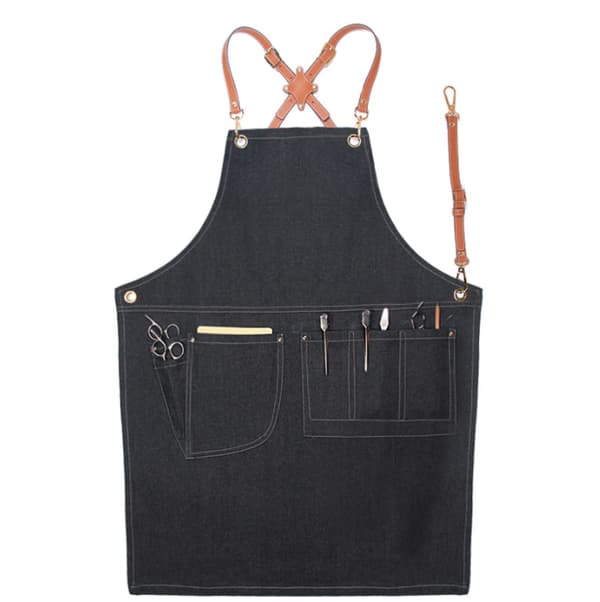 Fasjonabelt denimforkle, arbeidsforkle (kryss brunt belte denim G svart)