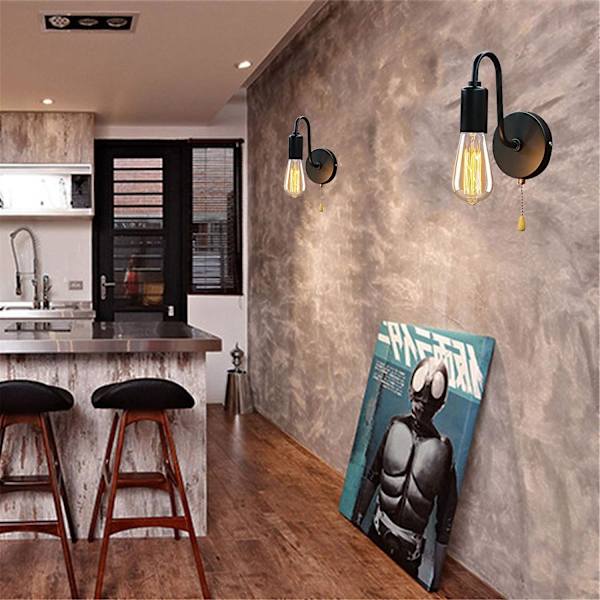 Retro Vegglampe med Bryter, Retro Industriell Vegglampe med Trekkbryter, E27 Sokkel Metall Vegglampe for Soverom