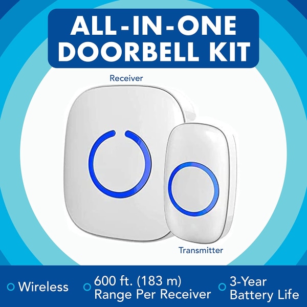 Trådlös dörrklocka för hemmet - 1 dörrklocka och 1 plug-in ringsignalmottagare, batteridriven, lätt att använda, trådlös dörr