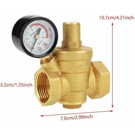 Trykregulator, DN25 Justerbar Messing Holdbar Vandtrykreducerende Regulator + Metrisk Måler