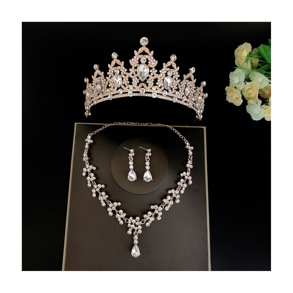 Bröllopsbröllops tiaror Crown Set med örhängen Kit & Necklack Handgjorda lyxiga Crystal hårtillbehör Gold 1