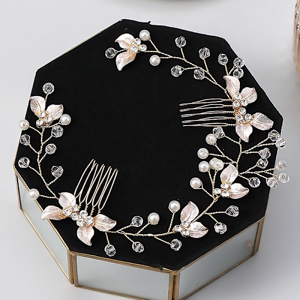 Blomster Brud Bryllup Hårkam Leaf Crystal Hår Smykker Hovedbeklædning Pearl Side Kamme Brude Silver