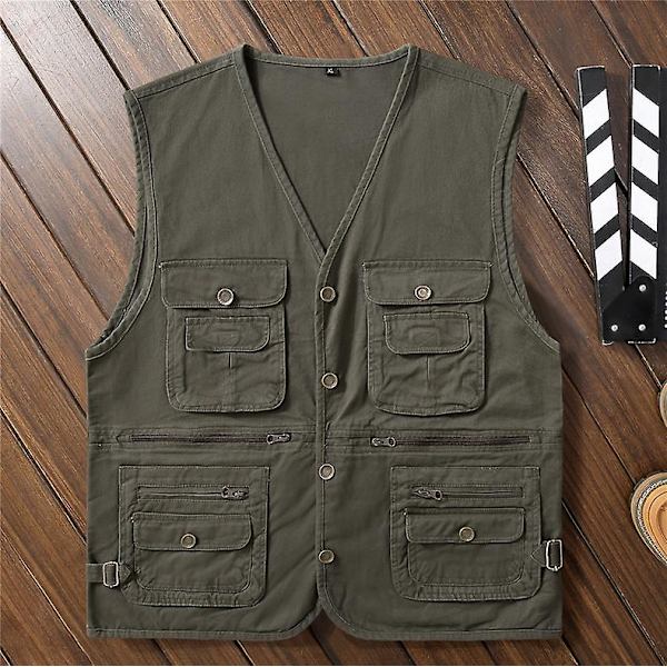 Bomulls multi-pocket väst axel fiske fotografering väst herr väst green XL
