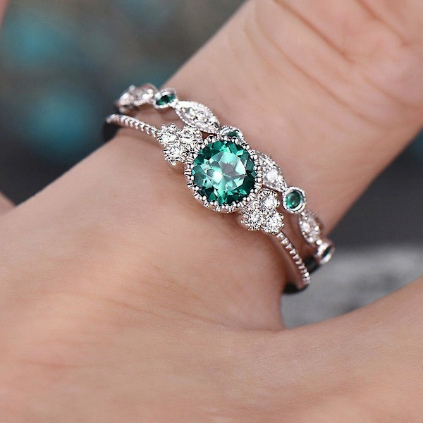 2 stk./sæt Kvinders Runde Cubic Zirconia Indlagte Bryllupsringe Smykker Gave Light Blue US 7