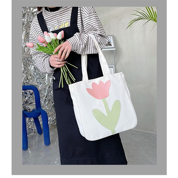 Mediumblommig Canvas Tote Bag för Universitetsstudenter, Blommiga Shopping Canvasväskor, Initialer Återanvändbara Väskor Vit
