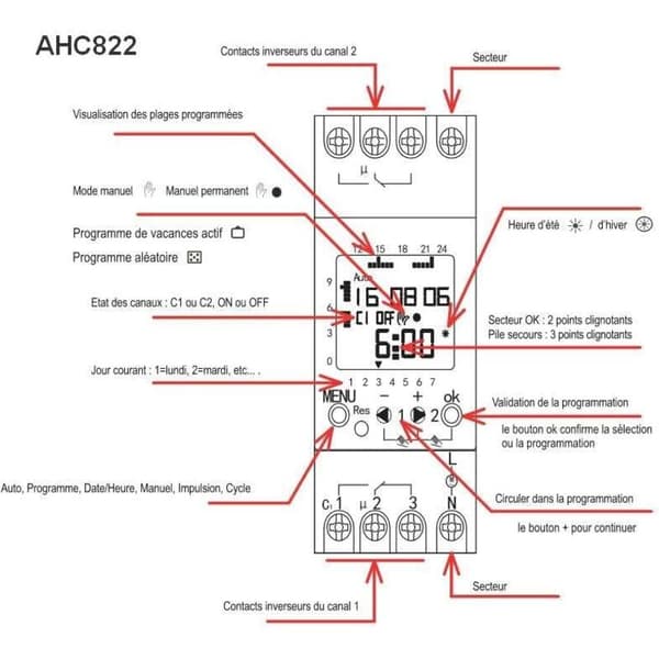 AHC822 Dubbelkanalstimer, 220V Modulär Klocka, 7 Dagar, 24 Timmar, Programmerbar Pooltimer, Elektronisk LCD Digital Strömbrytare, Digital Klocka