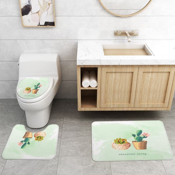 Digitaltrykk Vanntett Blader Dusjforheng Toalett Gulvmatte Sett, Y01,