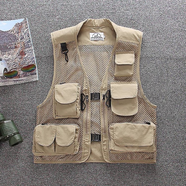 Sommar utomhus mesh cargo väst för män och kvinnor, multi-ficka funktionell fotograferingsväst, fiskehästklämma väst, tunn Beige L