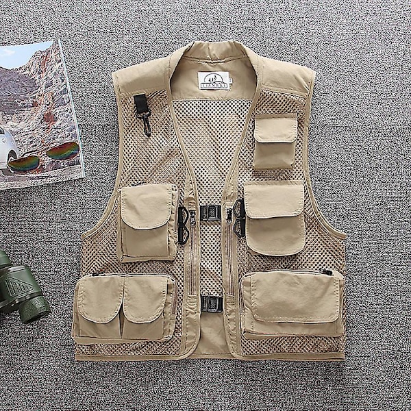 Sommar utomhus mesh cargo väst för män och kvinnor, multi-ficka funktionell fotograferingsväst, fiskehästklämma väst, tunn Beige XL