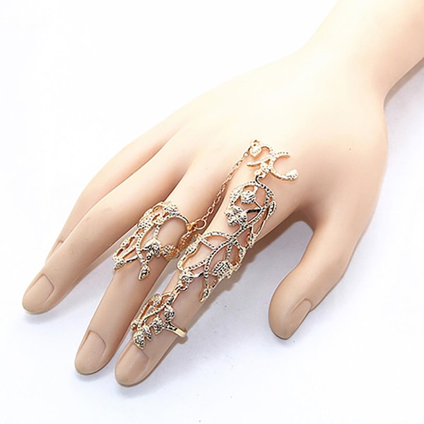 Kedja Ring Blomma Mönster Finger Smycken Justerbar Kvinna Kedjelänk Finger Ring För Bröllop Gold