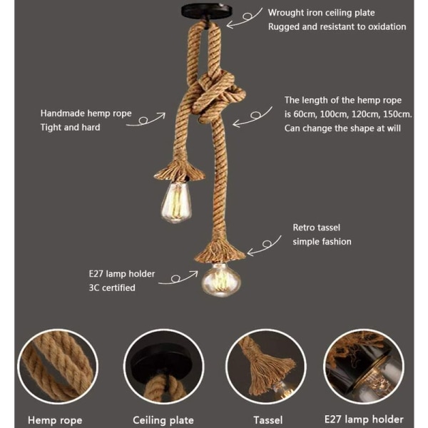 Chandelier i amerikansk retro-industrielt design, dobbelt hoved 1 meter med Edison LED lyskilde, egnet til tilpasning