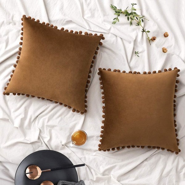 2-pack sammetskuddfodral med pompom dekorativa örngott enfärgade mjuka kuddfodral med poms fyrkantiga för soffa sovrum bil 18x18 tum Da 20 x20 Brown