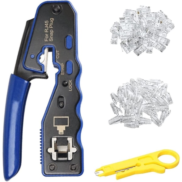 Rj45 Crimp Tool Set With 50 Cat6 Gj670bl Connectors And 50 Rj45 Protective Covers For Cat6a Cat5e Cat5 23awg Sockets And Mini Wire Stripper