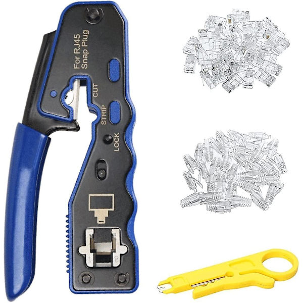 Rj45-krimpverktøysett med 50 Cat6 Gj670bl-kontakter og 50 Rj45-beskyttelsesdeksler for Cat6a Cat5e Cat5 23awg-kontakter og minikabelavstriper