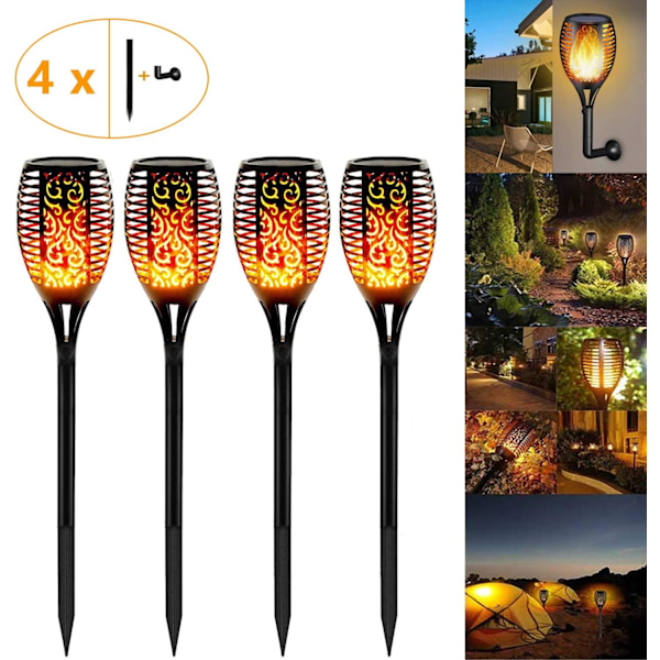 Solcelle Flammelys, 4 stk Solcelle Hagelys IP65 Vanntette Solcellelamper Hagefakler med Realistiske Flammer Automatisk På/Av