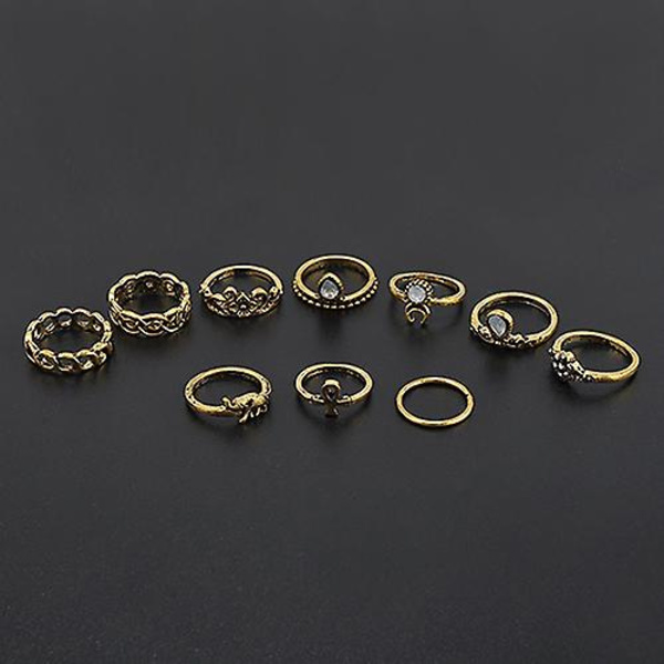 10 st/set Retro Boho Elefant Blomma Måne Ovan Knog Ringar Smycken Gold
