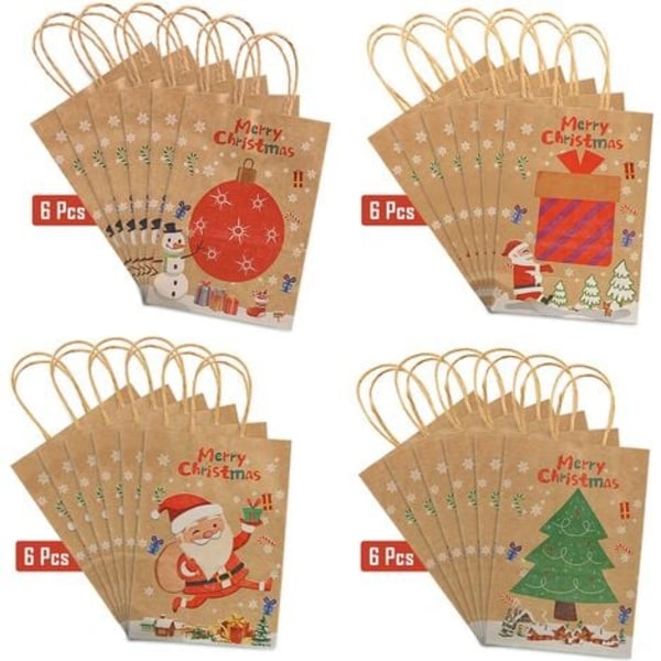 Kraft julklappspåsar 24 påsar i olika stilar julpapperspåsar med handtag julklappspåsar med jul