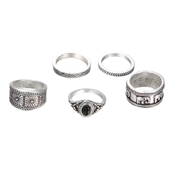 5-pack Carving Elephant Round Stone Stacking Ring för Kvinnor Retro Knuckle Smycken