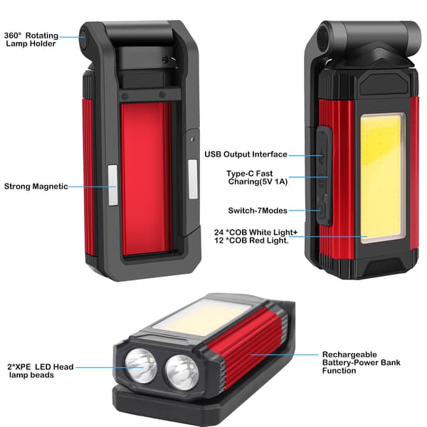 1 stk COB arbeidslys LED vedlikeholdslys med magnetisk USB