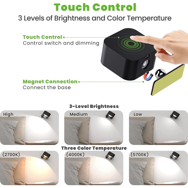 Vägglampa inomhus, 3 ljusstyrkanivåer 3 temperaturnivåer LED Touch-vägglampa, 360° roterbar vägglampa, väggfäste