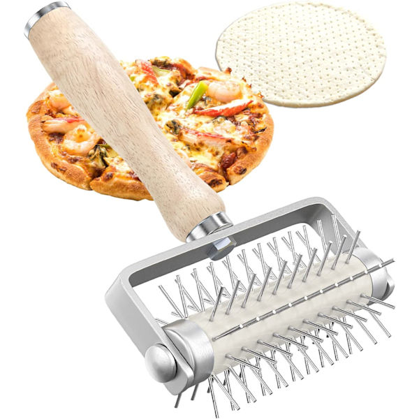 Pizzadejbeholder, kagerulle med rustfrit stålspidser. Hjemmelavet pizzaværktøj til at forhindre dejen i at boble.