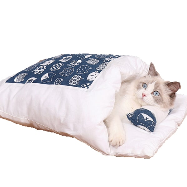 Dyremøbler, sovepose for kjæledyr, lukket, avtagbar og vaskbar, marineblå katt (M)