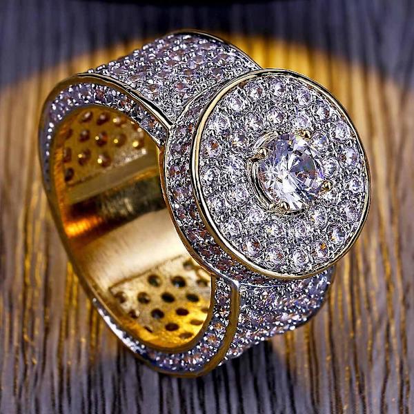 Trendig guldring med stora stenar, helt iset, mikropavé cubic zirconia, hiphop-smycke för män, storlek 7 8 9 10 11