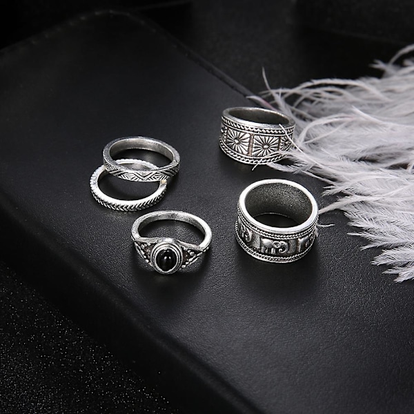 5-pack Carving Elephant Round Stone Stacking Ring för Kvinnor Retro Knuckle Smycken
