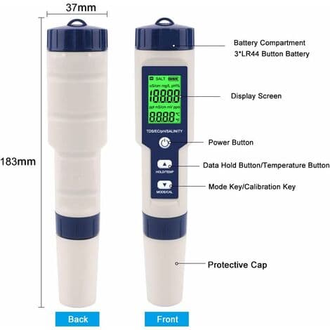 Elektronisk PH-Måler Tester, 5 i 1 PH-Tester Lommetermometer Vandkvalitet PH EC Salt TDS til Hjem, Pool, Akvarium
