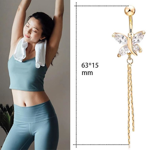 Snygga Fjärils Piercing Smycken Kvinnor Sexig Navelring Lång Tassel Bar Guld Hängande Kropp