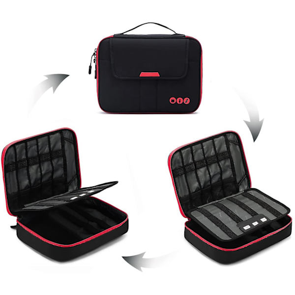 Universell reseväska för kabelorganisering, elektroniktillbehör, för 9,7 tums iPad, Kindle, nätadapter Black and Red