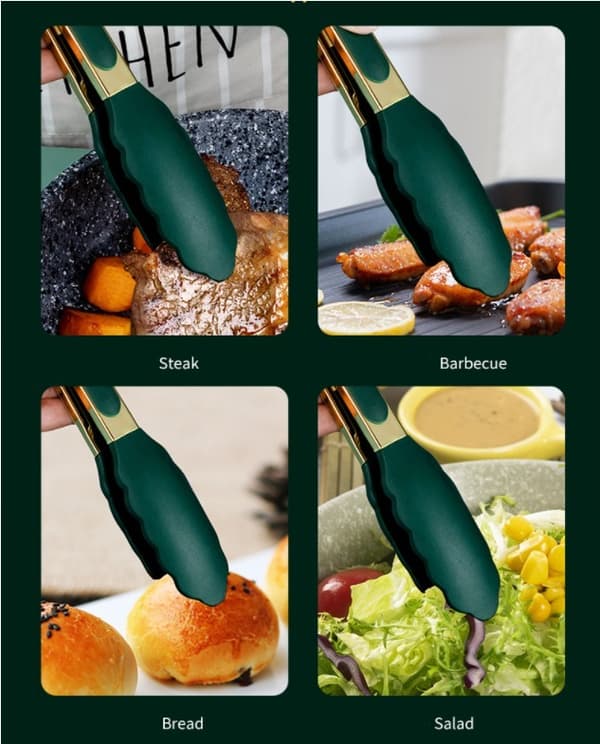 Silikone Madtang Bøftang BBQ Tang Isolationstang (Mellem Grøn + Guld)