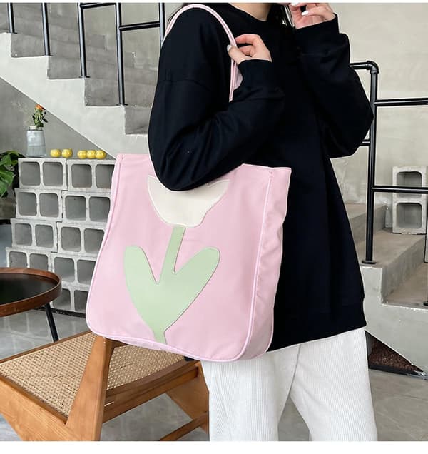 Mellemstor Blomstermønstret Canvas Tote Bag Universitetsstuderende, Blomster Shopping Canvas Tasker, Initial Genanvendelige Tasker Pink