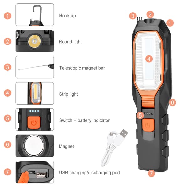 1 stk multifunksjonell COB arbeidslys med USB-lading