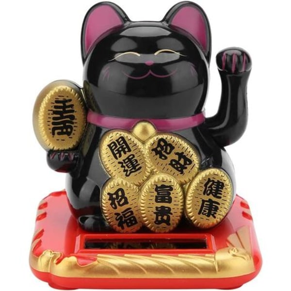 Solcelledrevet lykkekat med vinkende arm - Maneki Neko - Lykkebringende velkomstfigur til dekoration af hjem, bil, venner og gaver (sort)