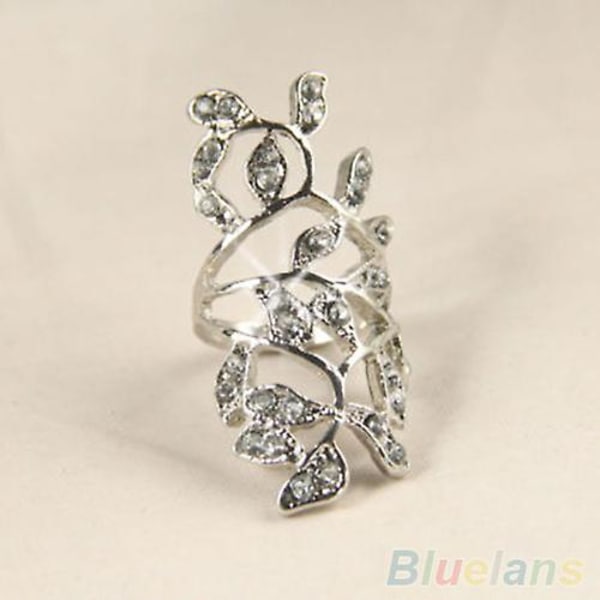 Kvinde Mode Skinnende Rhinestone Hul Blad Led Knogle Ring Smykker Silver