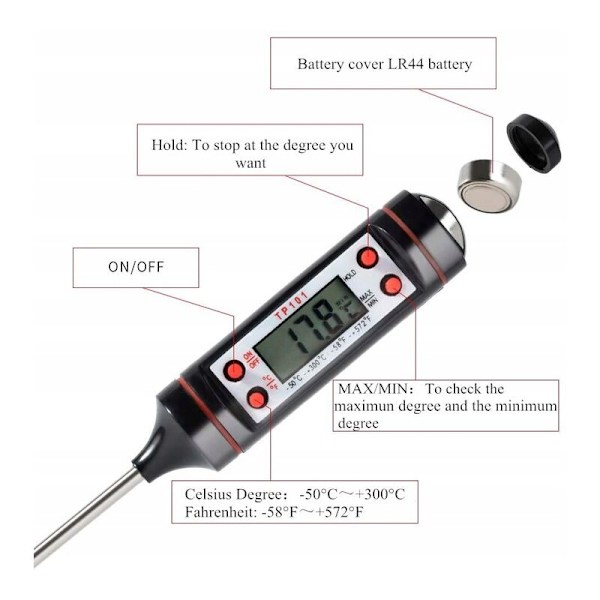 Husholdningstermometer Elektronisk Digital Madtermometer Sort (-50℃～300℃)