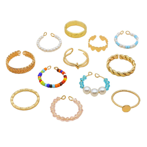 12 stk./sæt Faux Pearls Multicolor Perler Kno Ringe Åbning Hjerte Knude Kvinder Kno Ringe Smykker Tilbehør