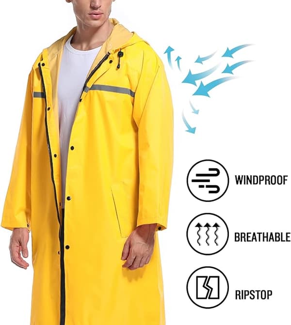 Lang regnjakke med hette for menn, vanntett nødregnfrakk poncho
